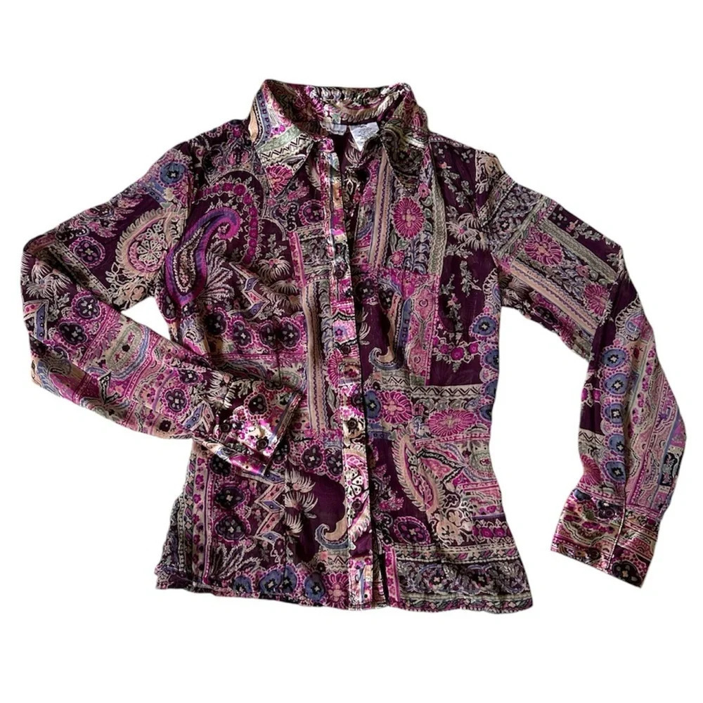 Y2K Fairy Boho Whimsigoth Blouse Size XXS/XS Paisley Purple Pink Chiffon Top - Picture 2 of 8